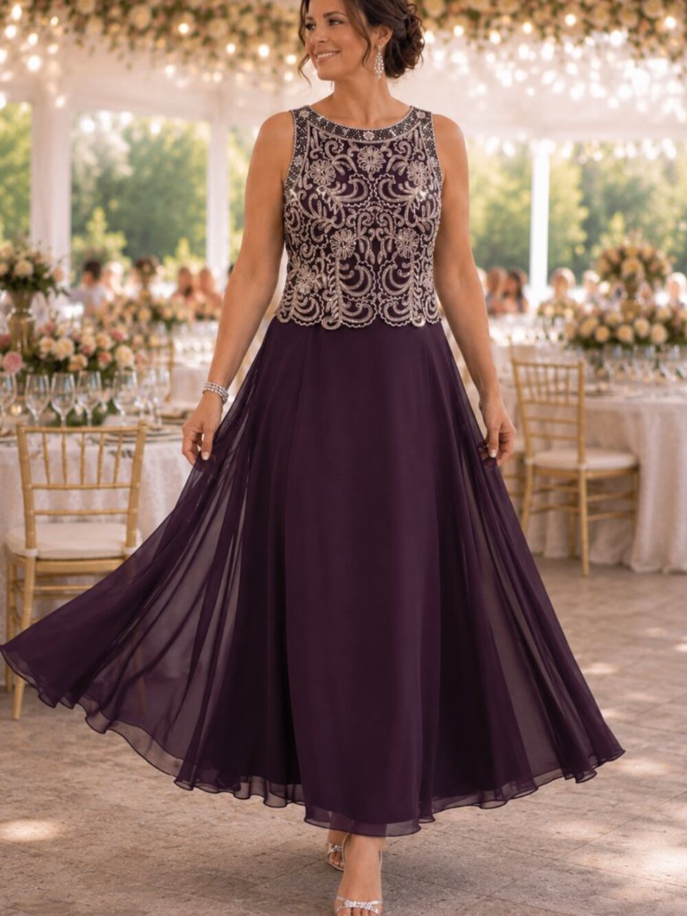 J Kara Plum Pearl Beaded Mock Two-Piece Chiffon Gown Shawl 14P Mother Bride NWT